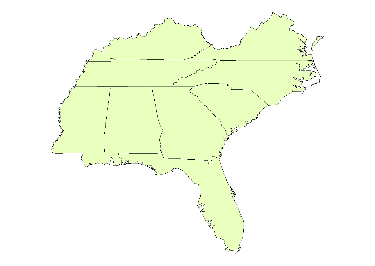 Map of the southeastern region of the US